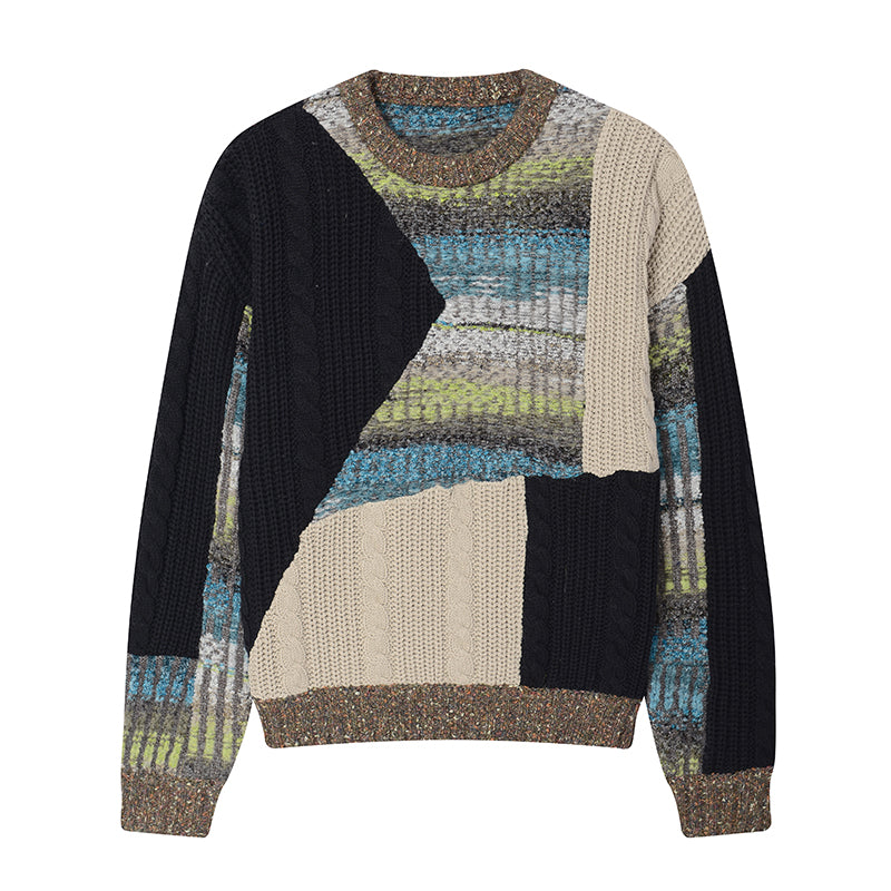 Heavy-weight twisted patchwork gradient back collar camel wool sweater