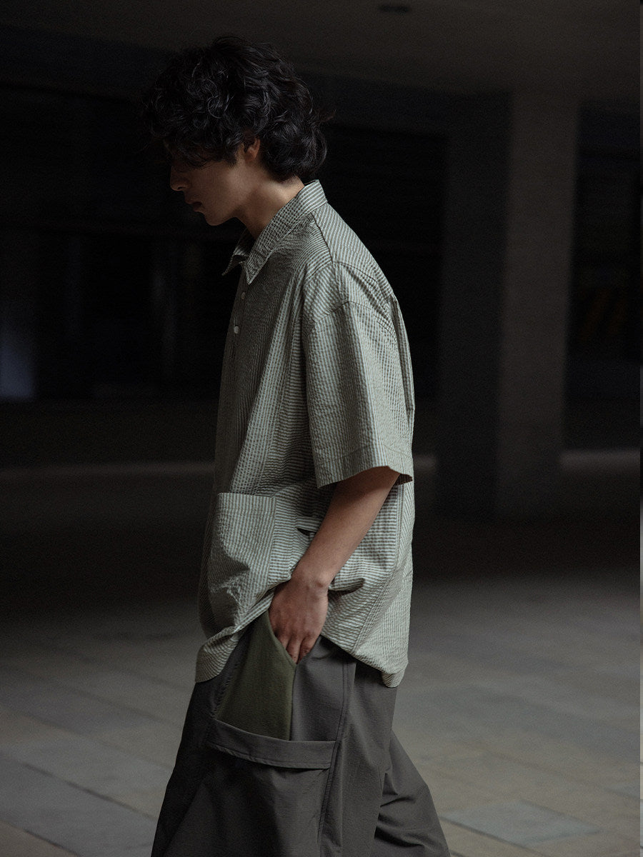 Retro Cityboy Stripe Stitching Half Placket Loose Short Sleeve Shirt - 100% Cotton Summer Top for Men | Japanese vintage | yamalin clothes | Yamalinclothes