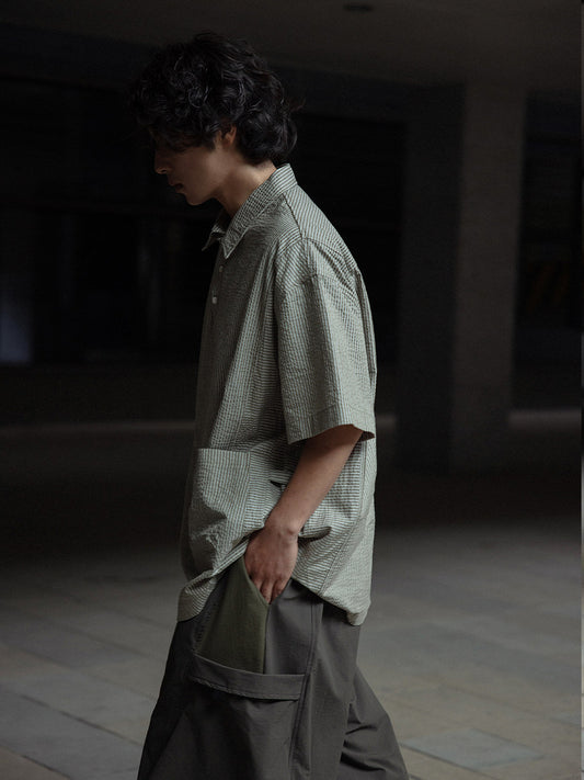 Retro Cityboy Stripe Stitching Half Placket Loose Short Sleeve Shirt - 100% Cotton Summer Top for Men | Japanese vintage | yamalin clothes | Yamalinclothes