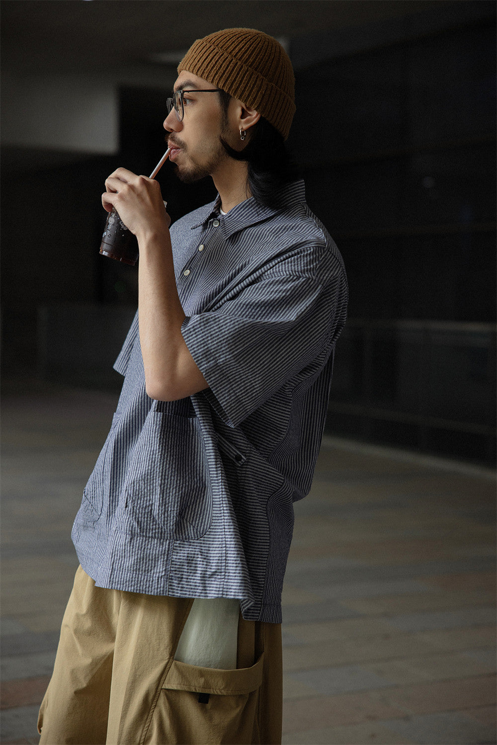 Retro Cityboy Stripe Stitching Half Placket Loose Short Sleeve Shirt - 100% Cotton Summer Top for Men | Japanese vintage | yamalin clothes | Yamalinclothes
