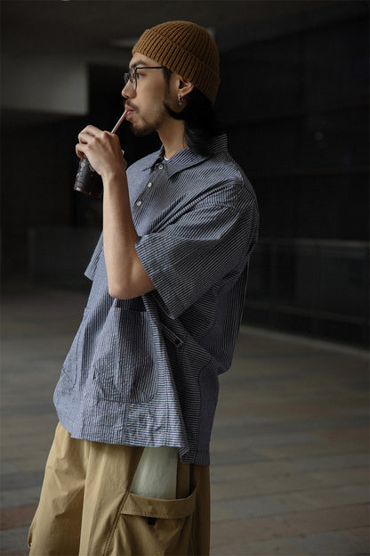 Retro Cityboy Stripe Stitching Half Placket Loose Short Sleeve Shirt - 100% Cotton Summer Top for Men | Japanese vintage | yamalin clothes | Yamalinclothes
