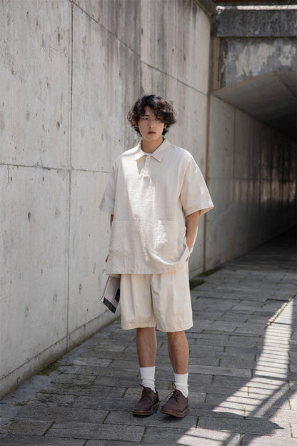 Retro Cityboy Stripe Stitching Half Placket Loose Short Sleeve Shirt - 100% Cotton Summer Top for Men | Japanese vintage | yamalin clothes | Yamalinclothes