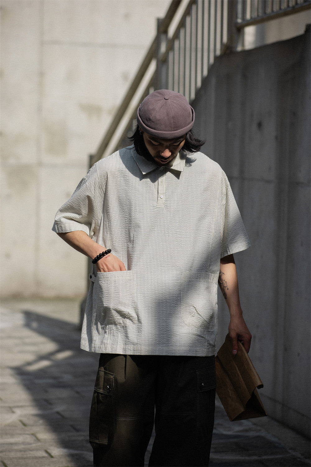 Retro Cityboy Stripe Stitching Half Placket Loose Short Sleeve Shirt - 100% Cotton Summer Top for Men | Japanese vintage | yamalin clothes | Yamalinclothes