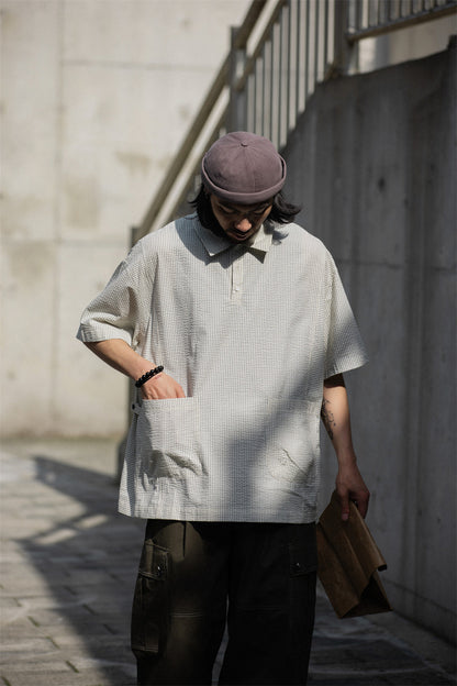 Retro Cityboy Stripe Stitching Half Placket Loose Short Sleeve Shirt - 100% Cotton Summer Top for Men | Japanese vintage | yamalin clothes | Yamalinclothes