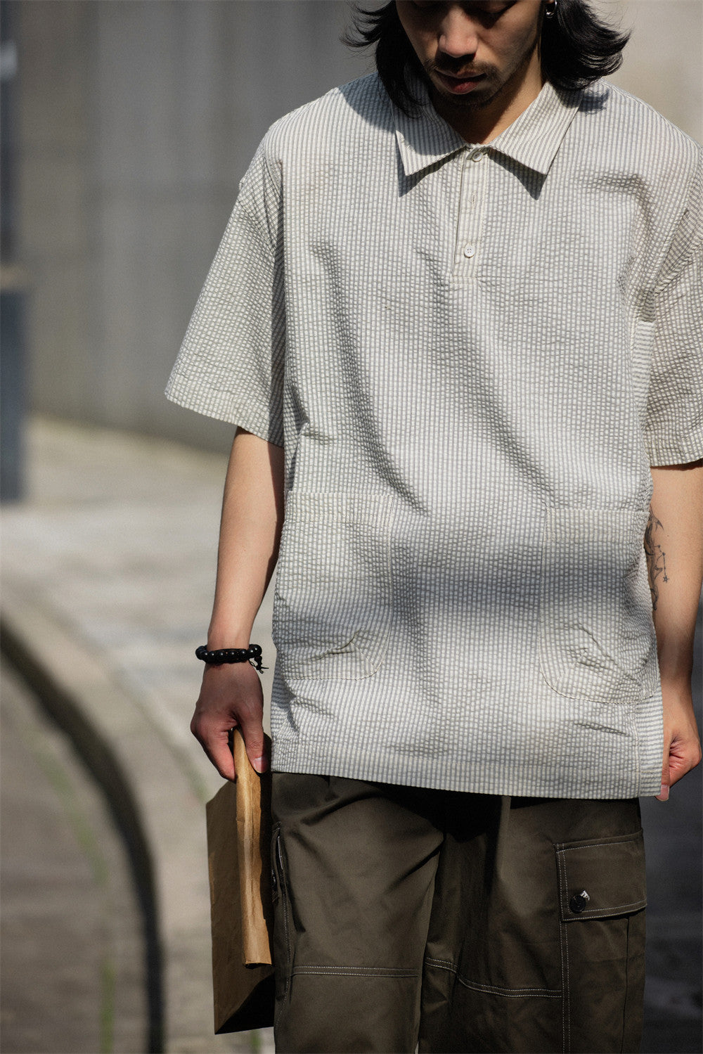 Retro Cityboy Stripe Stitching Half Placket Loose Short Sleeve Shirt - 100% Cotton Summer Top for Men | Japanese vintage | yamalin clothes | Yamalinclothes
