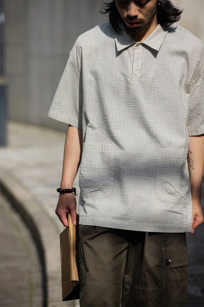 Retro Cityboy Stripe Stitching Half Placket Loose Short Sleeve Shirt - 100% Cotton Summer Top for Men | Japanese vintage | yamalin clothes | Yamalinclothes