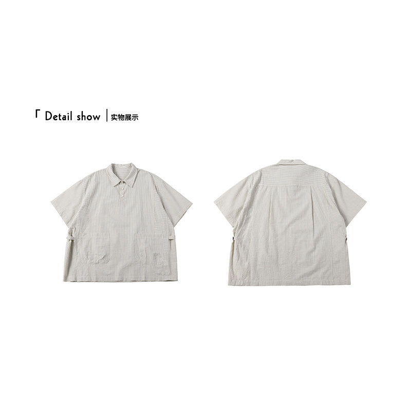 Retro Cityboy Stripe Stitching Half Placket Loose Short Sleeve Shirt - 100% Cotton Summer Top for Men | Japanese vintage | yamalin clothes | Yamalinclothes