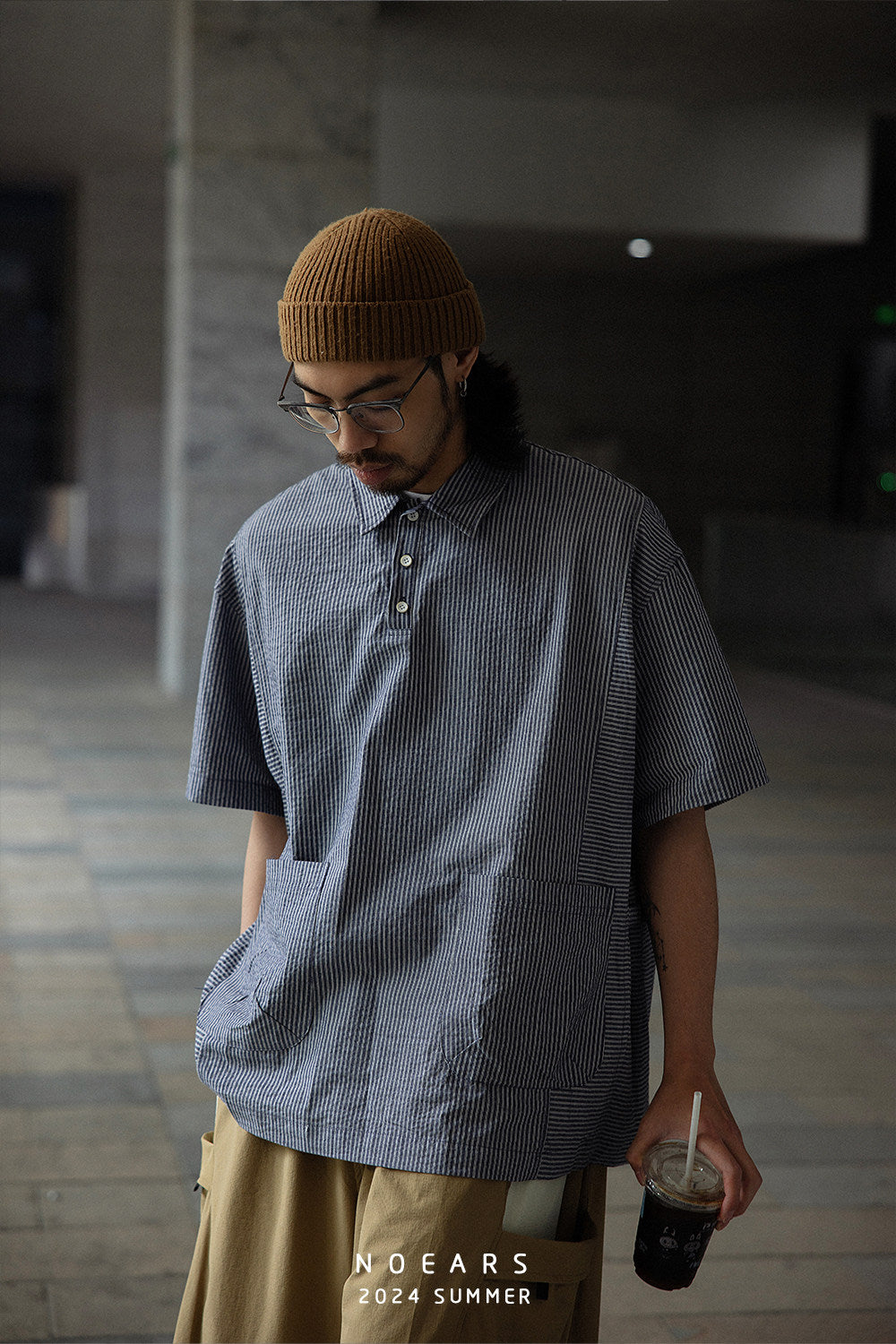 Retro Cityboy Stripe Stitching Half Placket Loose Short Sleeve Shirt - 100% Cotton Summer Top for Men | Japanese vintage | yamalin clothes | Yamalinclothes