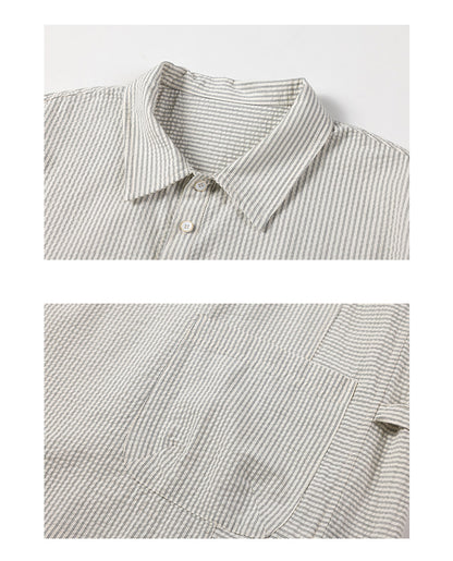 Retro Cityboy Stripe Stitching Half Placket Loose Short Sleeve Shirt - 100% Cotton Summer Top for Men | Japanese vintage | yamalin clothes | Yamalinclothes