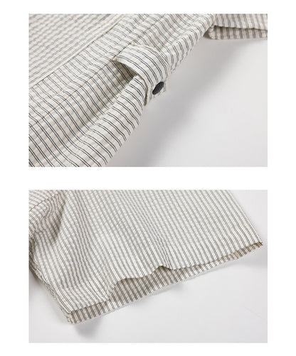 Retro Cityboy Stripe Stitching Half Placket Loose Short Sleeve Shirt - 100% Cotton Summer Top for Men | Japanese vintage | yamalin clothes | Yamalinclothes