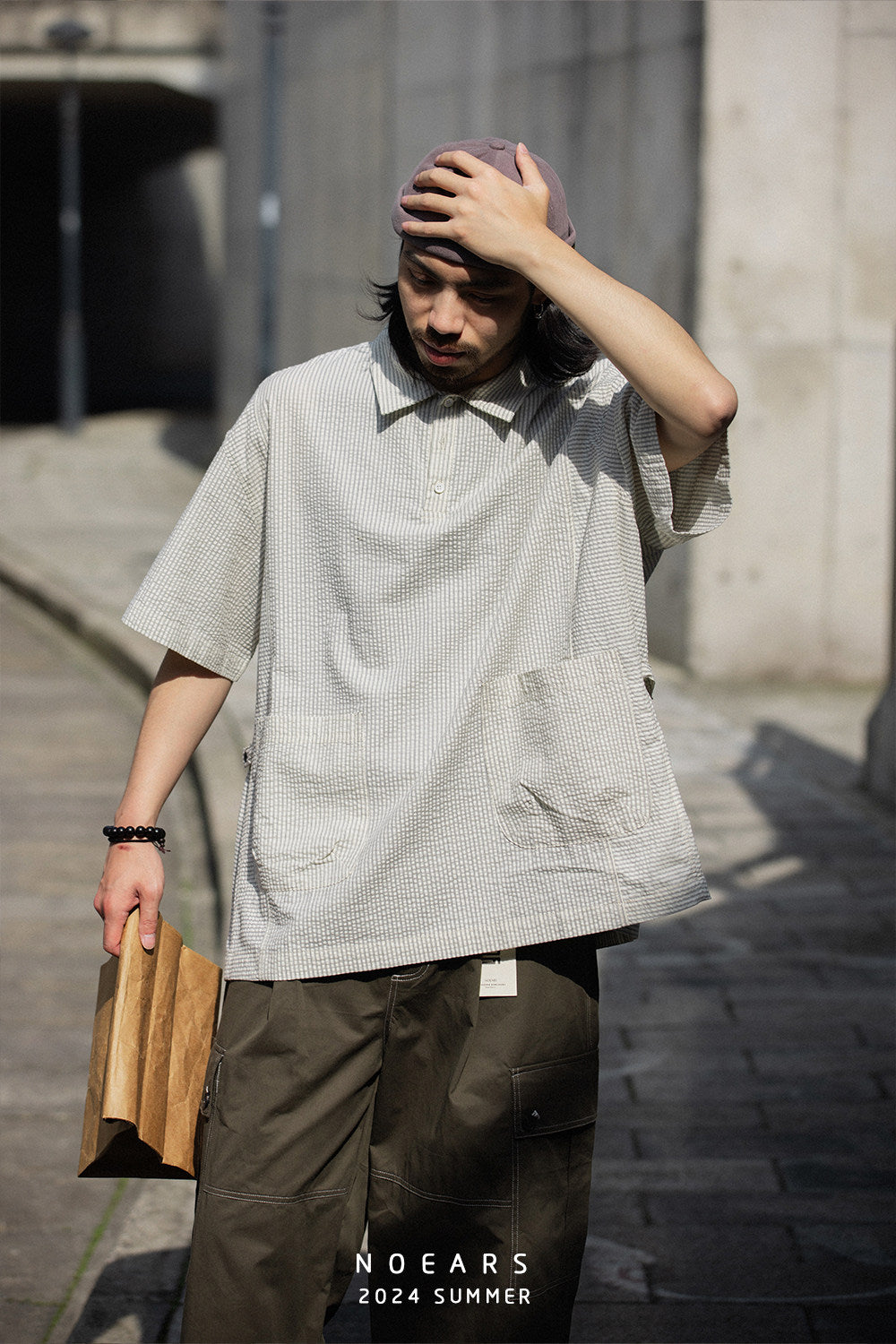 Retro Cityboy Stripe Stitching Half Placket Loose Short Sleeve Shirt - 100% Cotton Summer Top for Men | Japanese vintage | yamalin clothes | Yamalinclothes