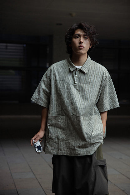 Retro Cityboy Stripe Stitching Half Placket Loose Short Sleeve Shirt - 100% Cotton Summer Top for Men | Japanese vintage | yamalin clothes | Yamalinclothes