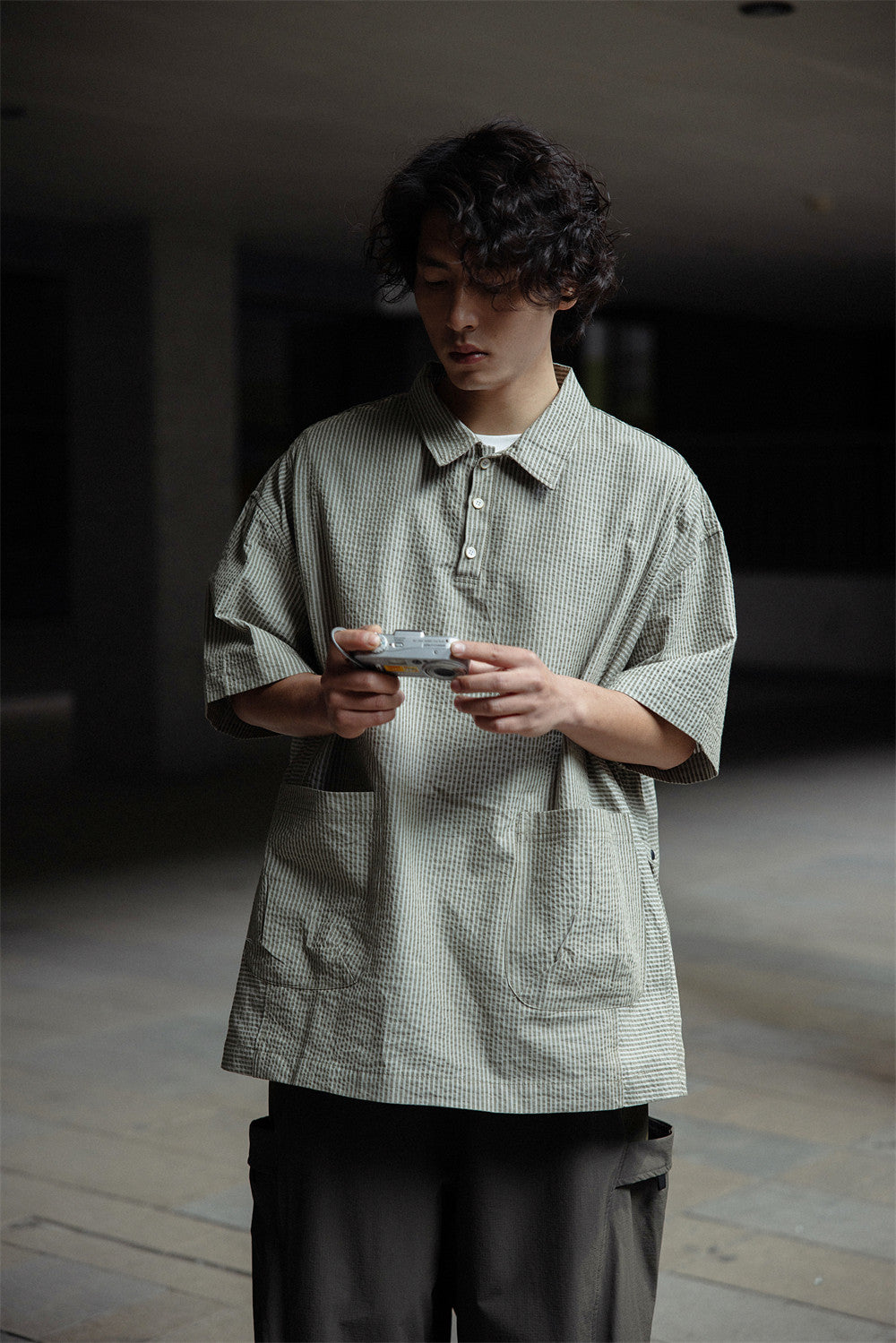 Retro Cityboy Stripe Stitching Half Placket Loose Short Sleeve Shirt - 100% Cotton Summer Top for Men | Japanese vintage | yamalin clothes | Yamalinclothes