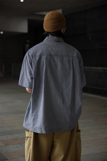 Retro Cityboy Stripe Stitching Half Placket Loose Short Sleeve Shirt - 100% Cotton Summer Top for Men | Japanese vintage | yamalin clothes | Yamalinclothes