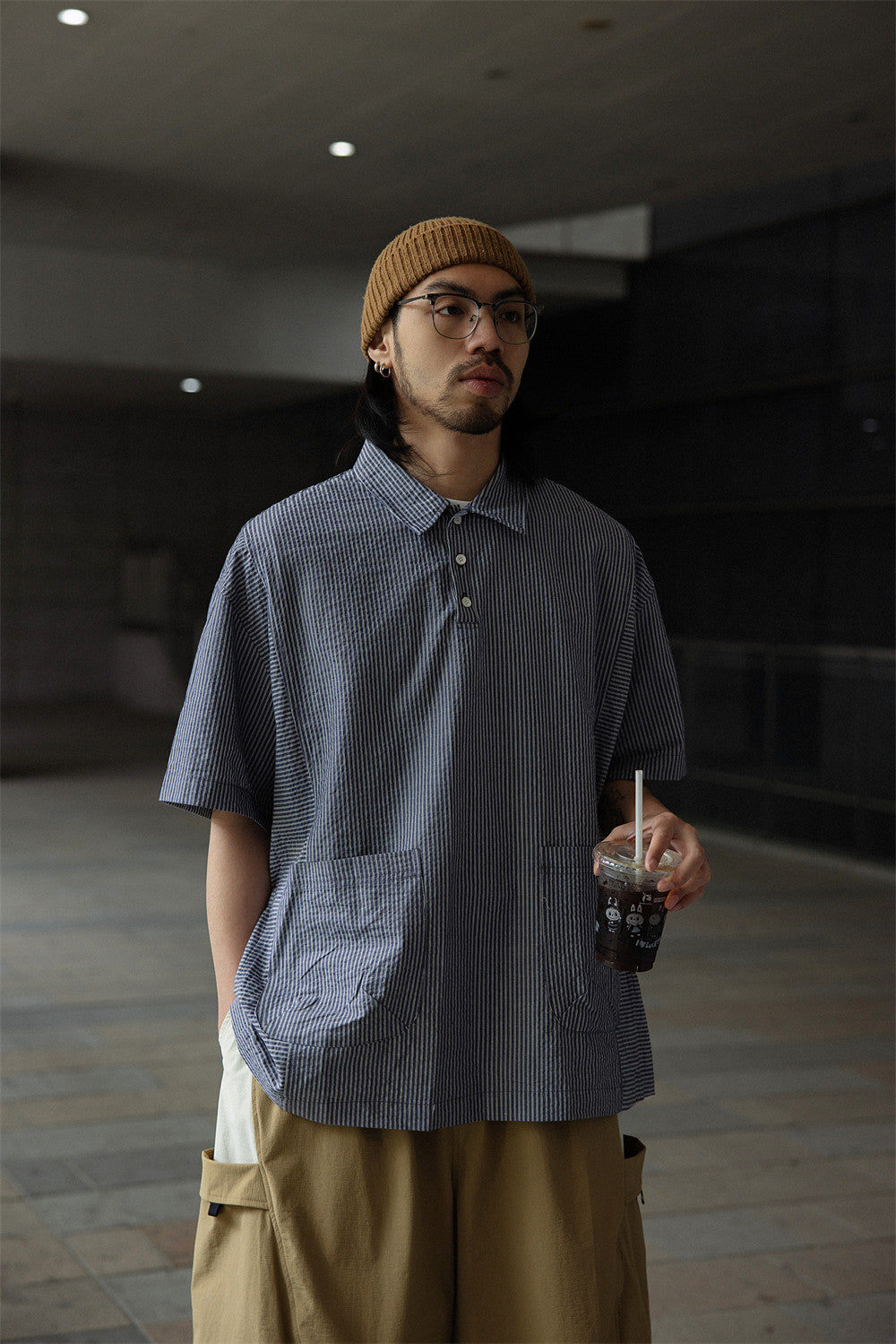 Retro Cityboy Stripe Stitching Half Placket Loose Short Sleeve Shirt - 100% Cotton Summer Top for Men | Japanese vintage | yamalin clothes | Yamalinclothes