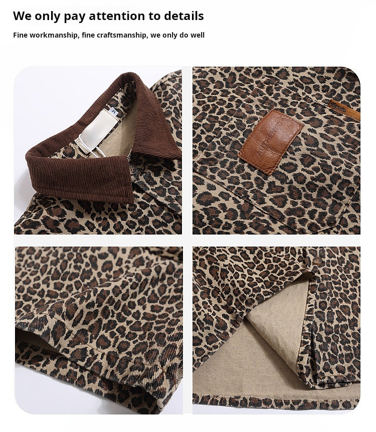 hip-hop American retro vintage leopard print polo collar denim short-sleeved men's and women's trendy brand fried street heavy shirts