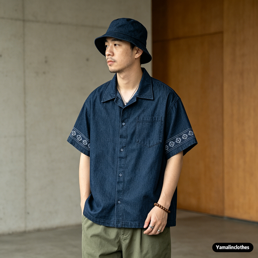 Unisex Japanese Retro Ethnic Embroidered Denim Shirt, Loose Three-Quarter Sleeve Casual Cargo Top