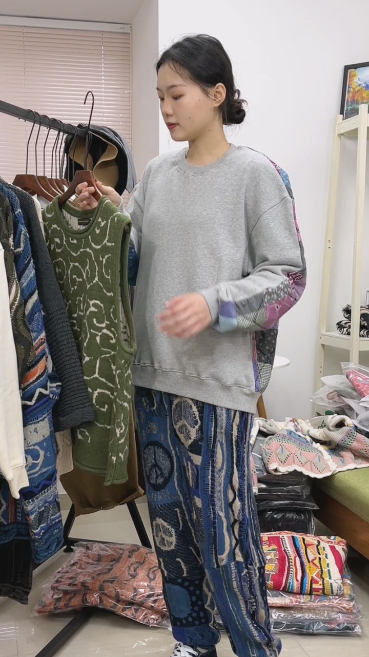 Japanese retro knitted vest blue vintage Crew Neck Pullover Sweater s