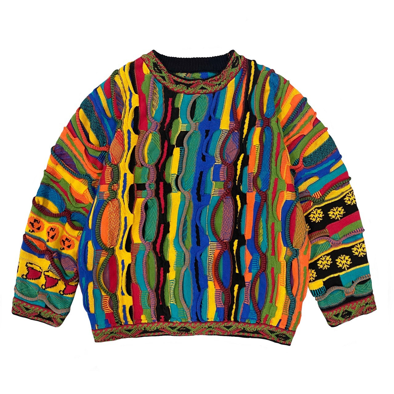 Heavy industry bitter gourd pattern round neck retro three-dimensional wave contrast color sweater  Christmas Snowflakes