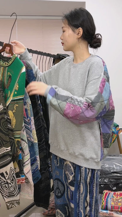 Japanese style retro lion pattern green round neck pullover sweater S