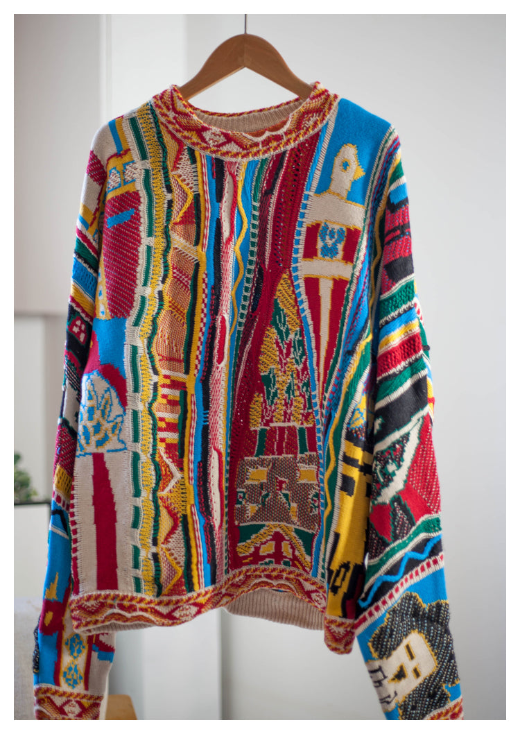 Japanese niche retro portrait pattern pullover red Crew Neck pullover sweater s