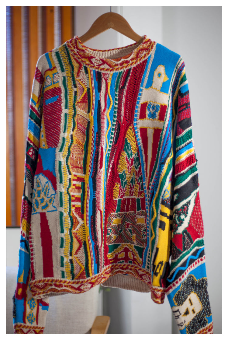 Japanese niche retro portrait pattern pullover red Crew Neck pullover sweater s