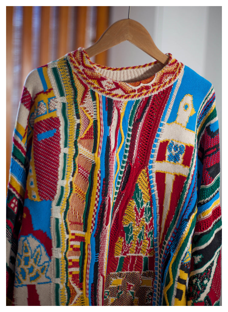 Japanese niche retro portrait pattern pullover red Crew Neck pullover sweater s