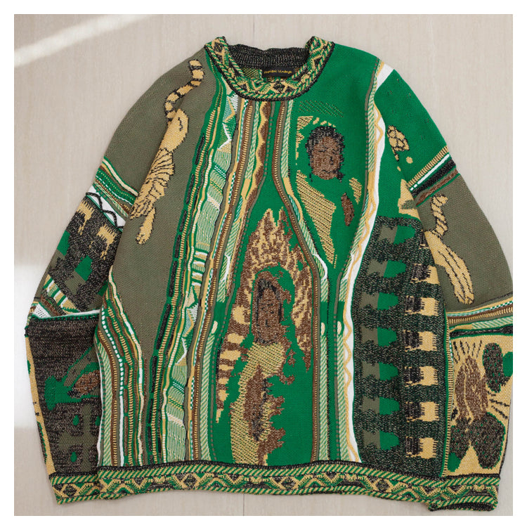 Japanese style retro lion pattern green round neck pullover sweater S