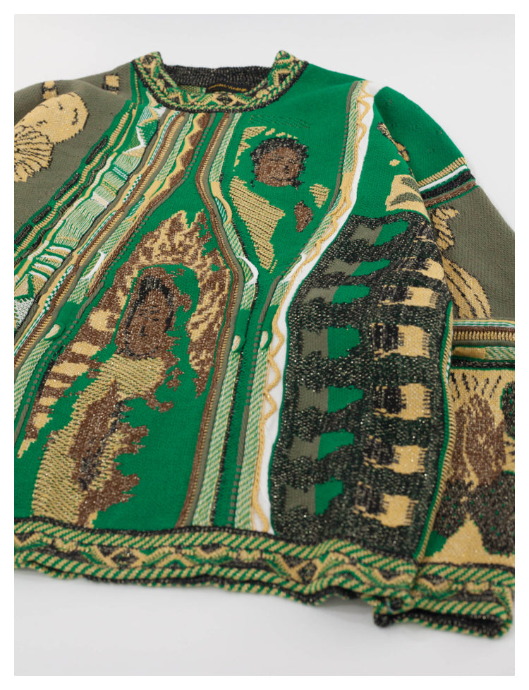 Japanese style retro lion pattern green round neck pullover sweater S