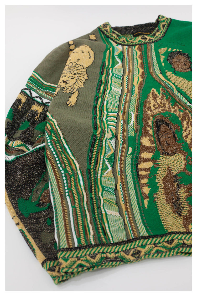 Japanese style retro lion pattern green round neck pullover sweater S