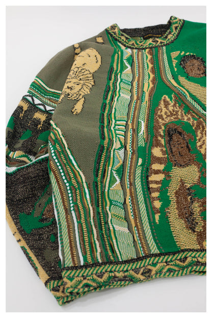 Japanese style retro lion pattern green round neck pullover sweater S