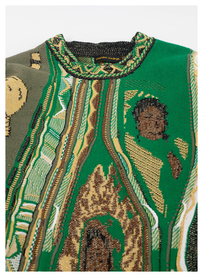 Japanese style retro lion pattern green round neck pullover sweater S