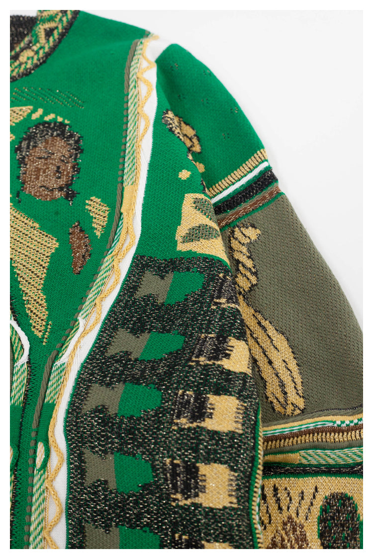 Japanese style retro lion pattern green round neck pullover sweater S