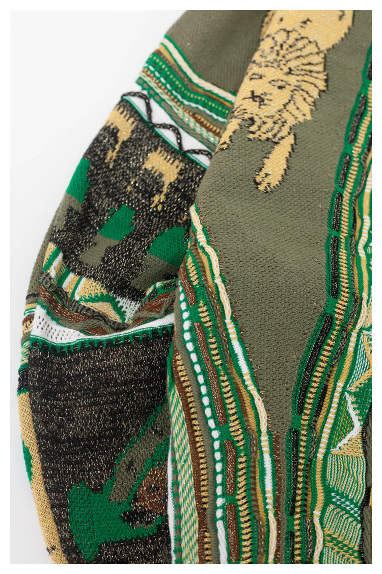 Japanese style retro lion pattern green round neck pullover sweater S