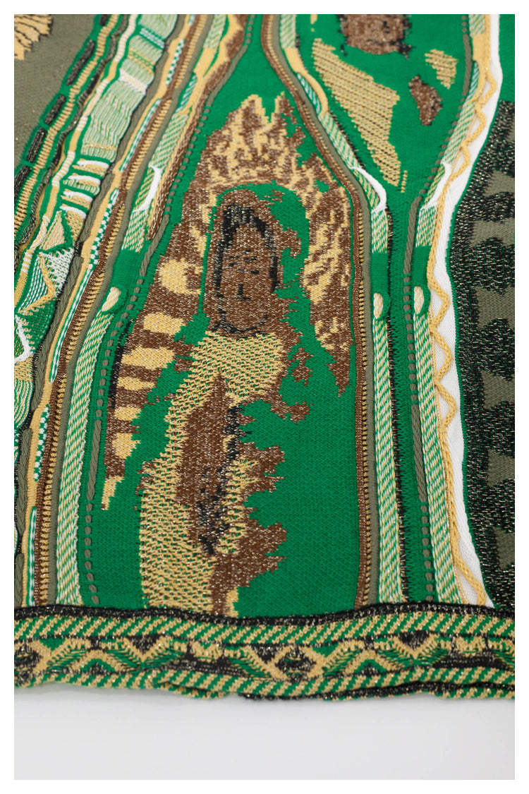 Japanese style retro lion pattern green round neck pullover sweater S