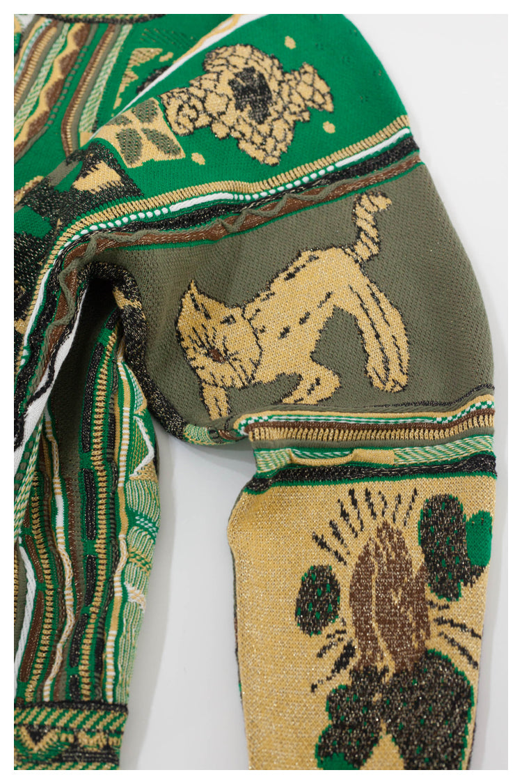 Japanese style retro lion pattern green round neck pullover sweater S