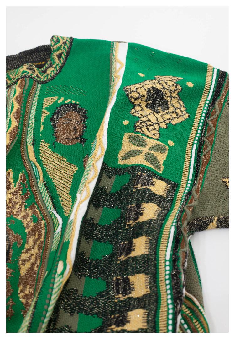 Japanese style retro lion pattern green round neck pullover sweater S