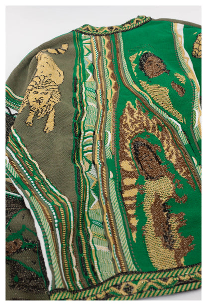 Japanese style retro lion pattern green round neck pullover sweater S