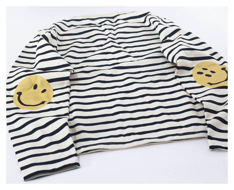 Japanese style smiley face striped pure cotton long-sleeved round neck T-shirt
