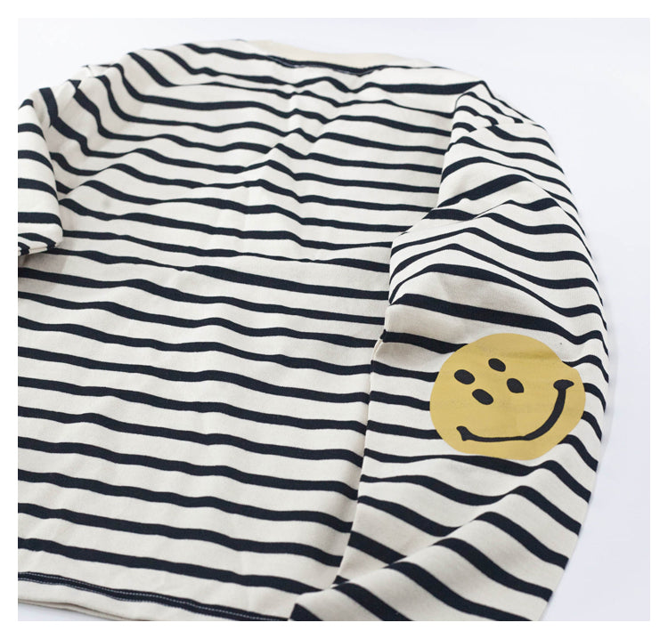 Japanese style smiley face striped pure cotton long-sleeved round neck T-shirt