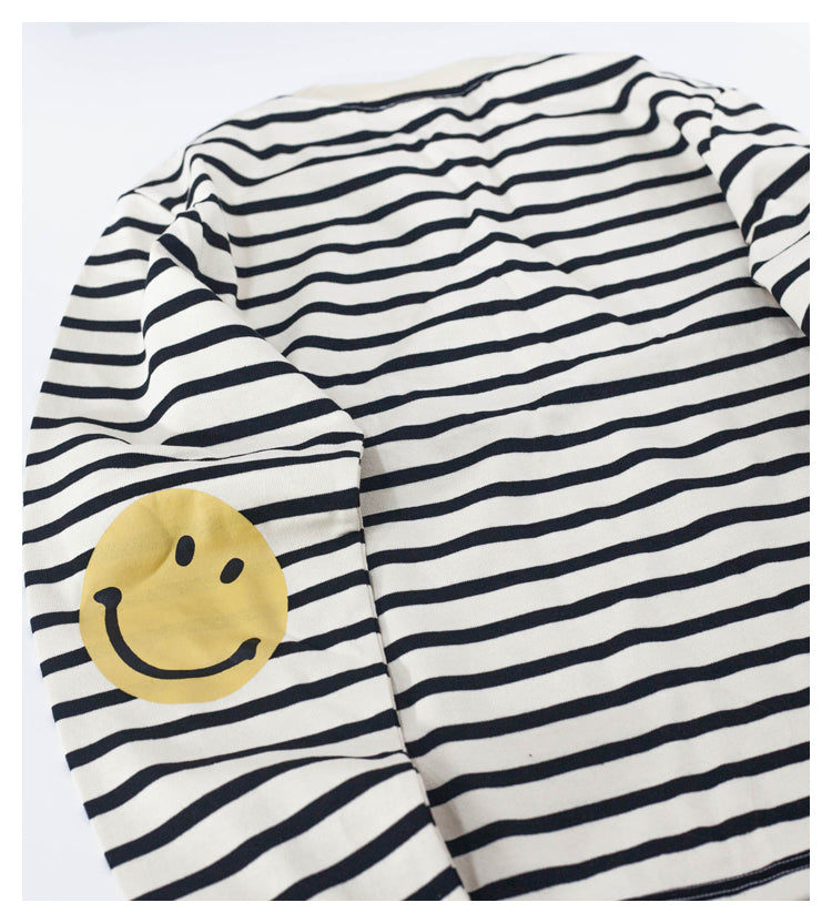 Japanese style smiley face striped pure cotton long-sleeved round neck T-shirt