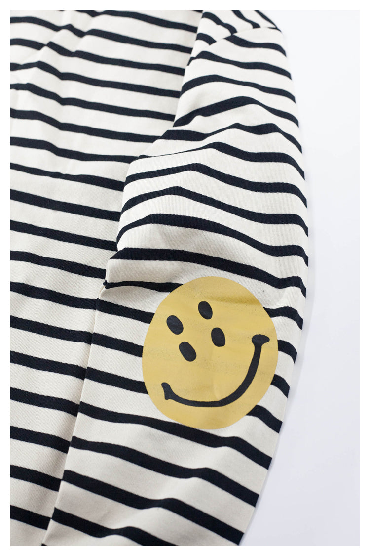 Japanese style smiley face striped pure cotton long-sleeved round neck T-shirt