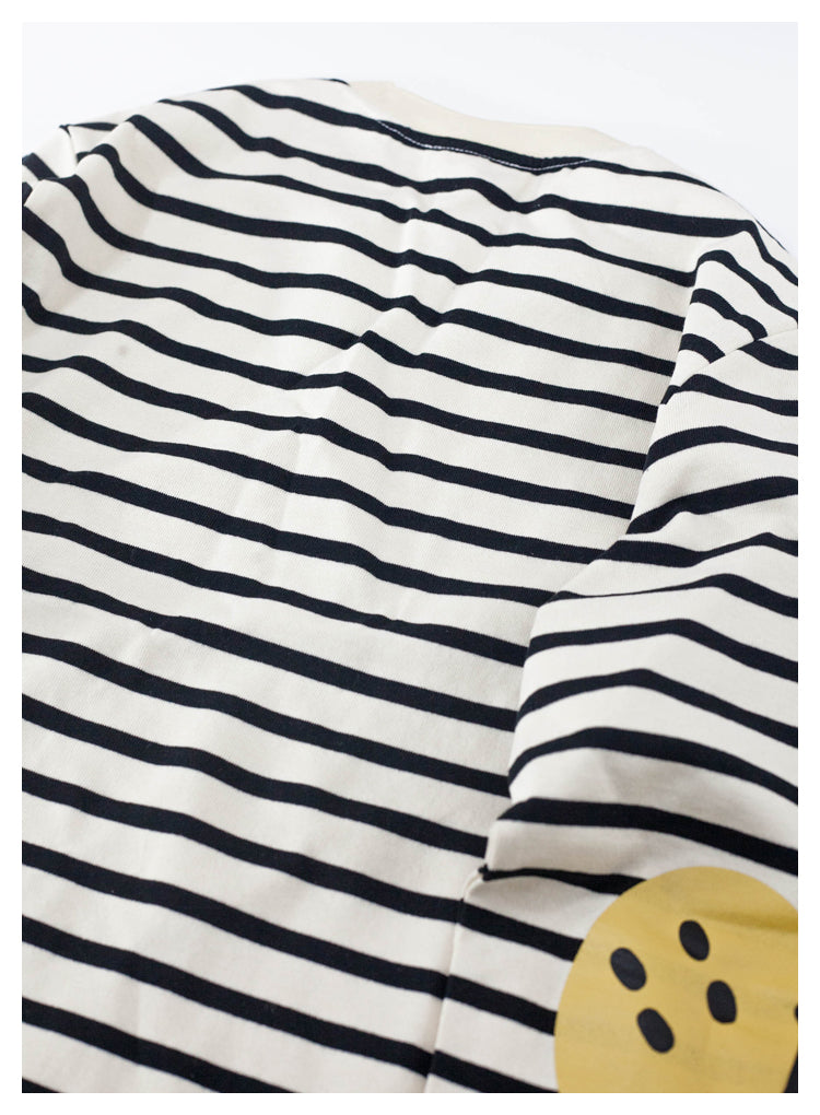 Japanese style smiley face striped pure cotton long-sleeved round neck T-shirt