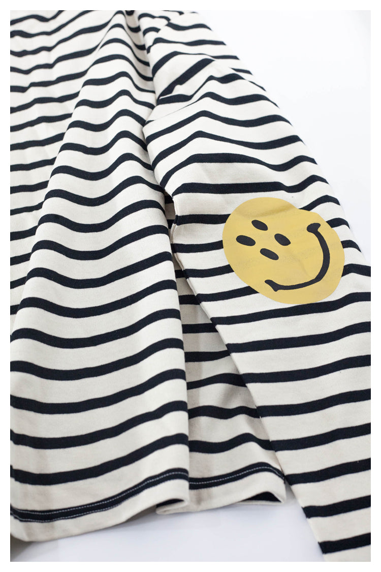 Japanese style smiley face striped pure cotton long-sleeved round neck T-shirt