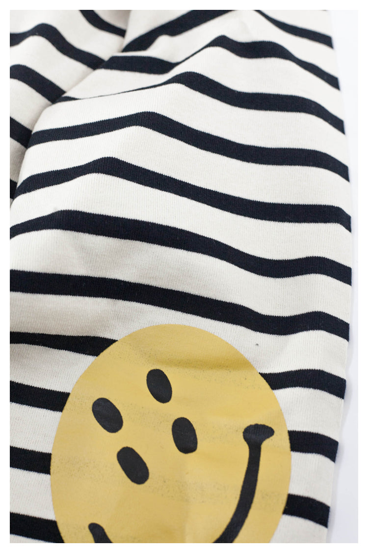 Japanese style smiley face striped pure cotton long-sleeved round neck T-shirt