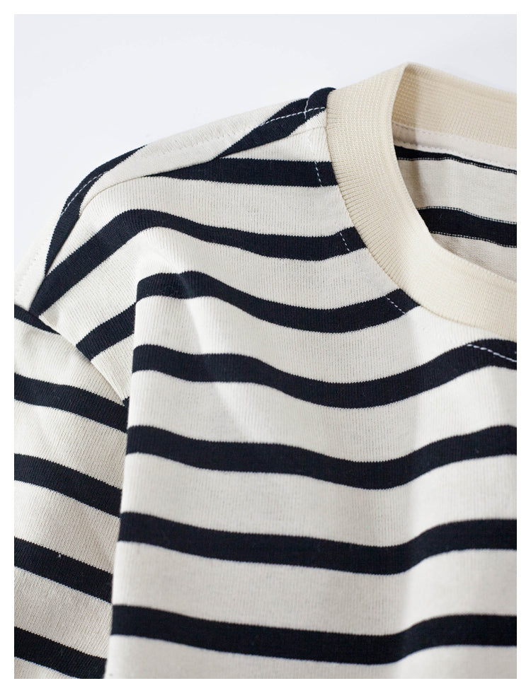 Japanese style smiley face striped pure cotton long-sleeved round neck T-shirt