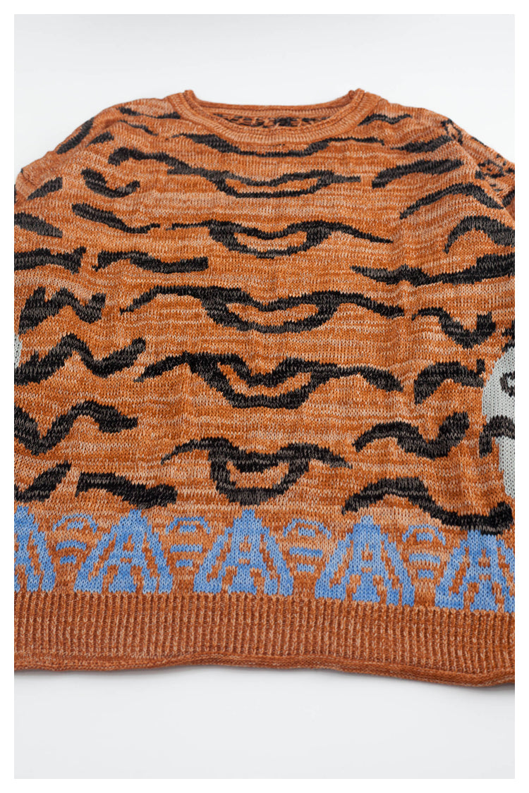 Japanese retro tiger pattern round neck long sleeve knitted sweater pullover