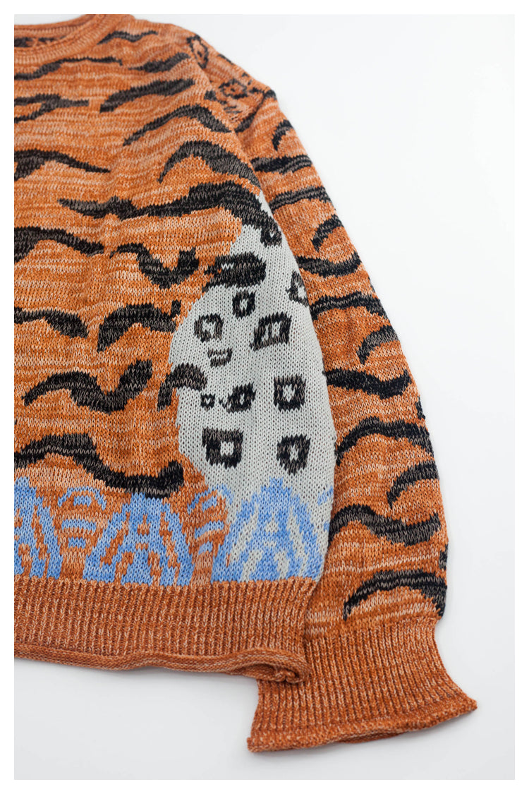 Japanese retro tiger pattern round neck long sleeve knitted sweater pullover