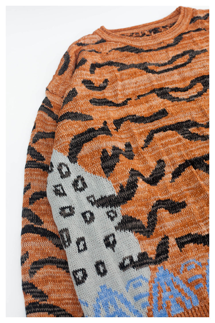 Japanese retro tiger pattern round neck long sleeve knitted sweater pullover