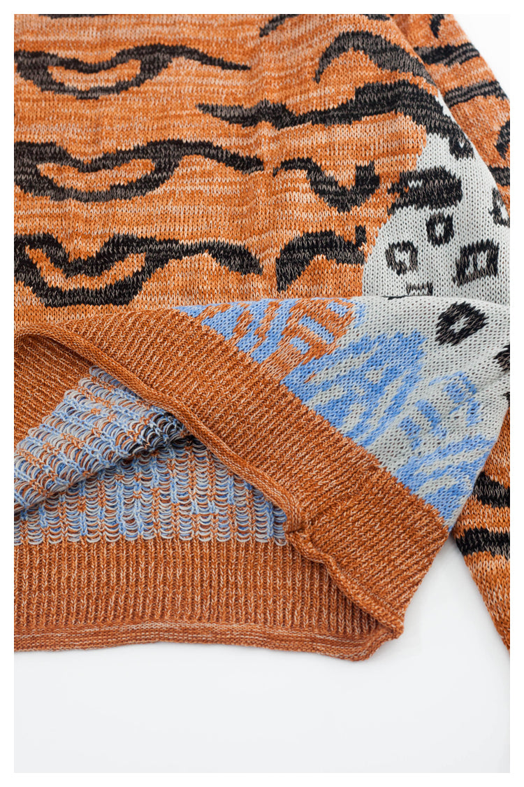 Japanese retro tiger pattern round neck long sleeve knitted sweater pullover